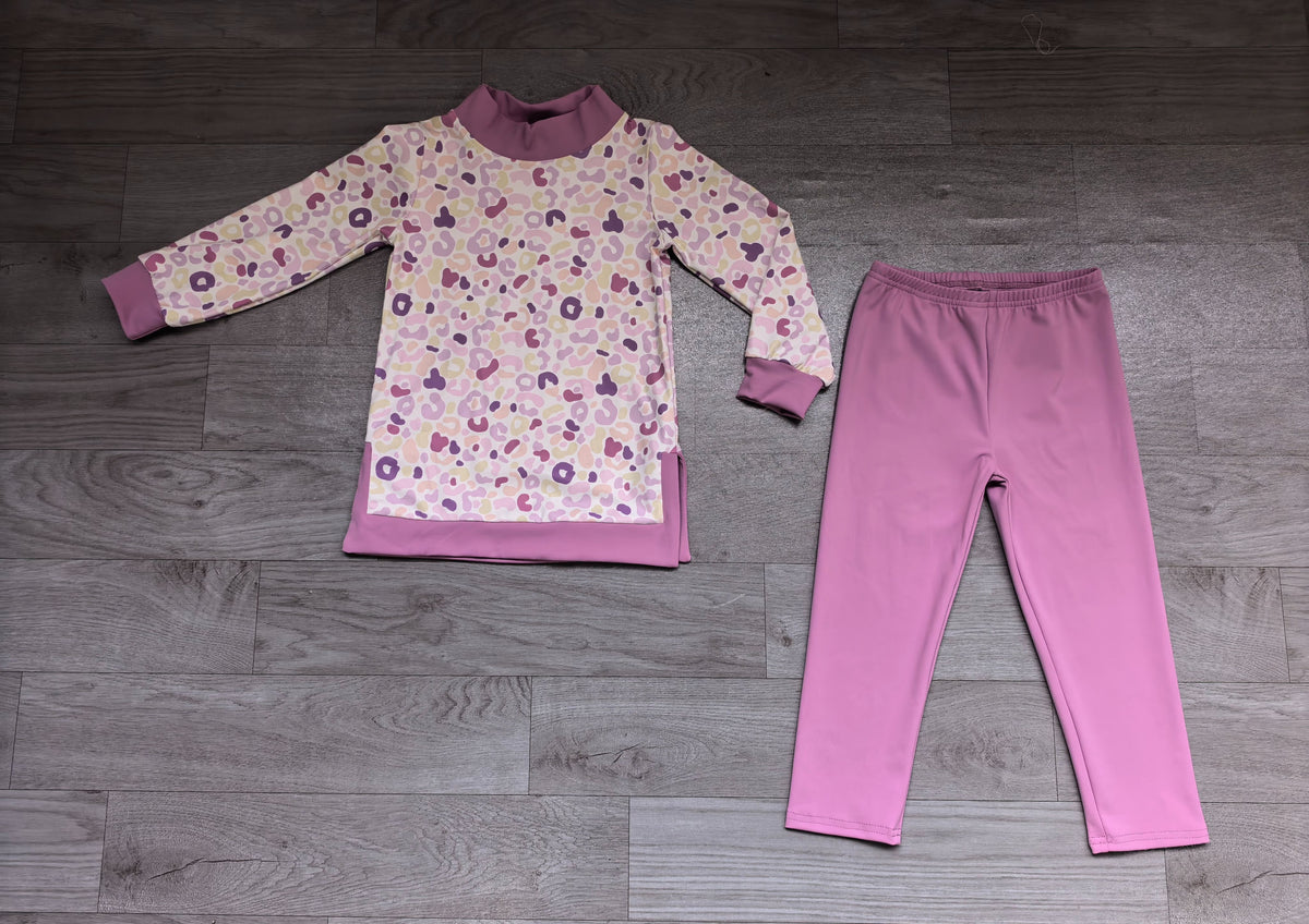 ( No moq ) Preorder Baby Girls Kids Leopard Long Sleeves Mock Neck Tops Purple Leggings Yoga Active Set Clothes