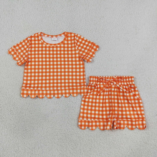 Baby Girls Kids Short Sleeves Orange Plaid Shirt Scallop Shorts Set Clothes RTS