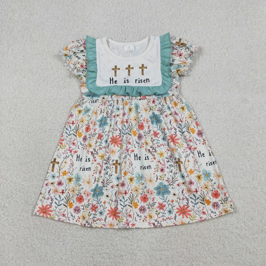 Baby Girls Short Sleeves Crosses Flower Easter Knee Length Dress RTS