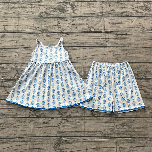( No moq ) Preorder Baby Girls Kids Straps Blue Flower Tunic Shorts Summer Clothes Set