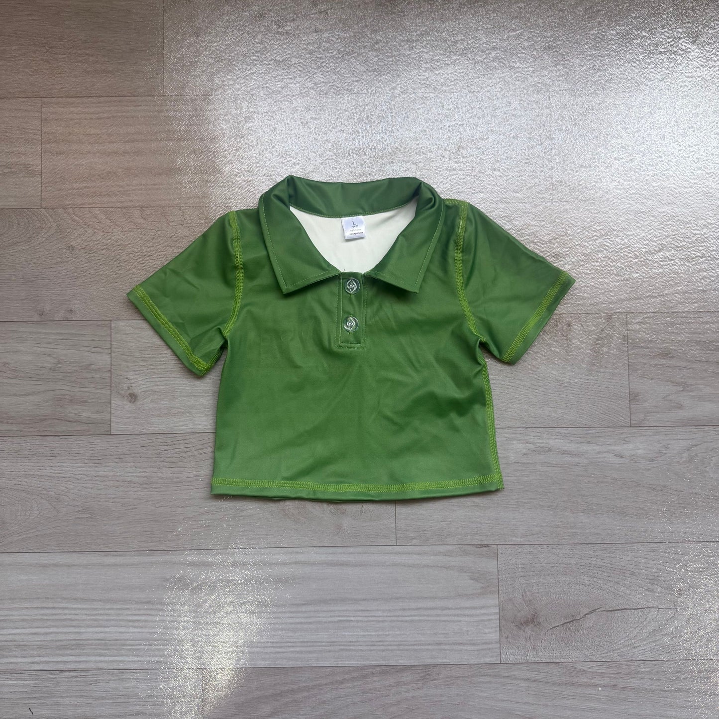 ( No moq ) Preorder Baby Girls Kids Short Sleeves Green Buttons Yoga Active Shirt Tops