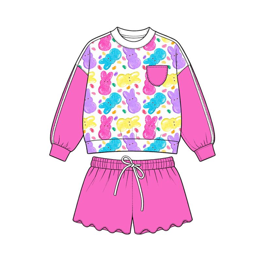 ( Moq 5 ) Preorder Baby Girls Kids Long Sleeves Rabbits Easter Shirt Scallop Shorts Set Clothes