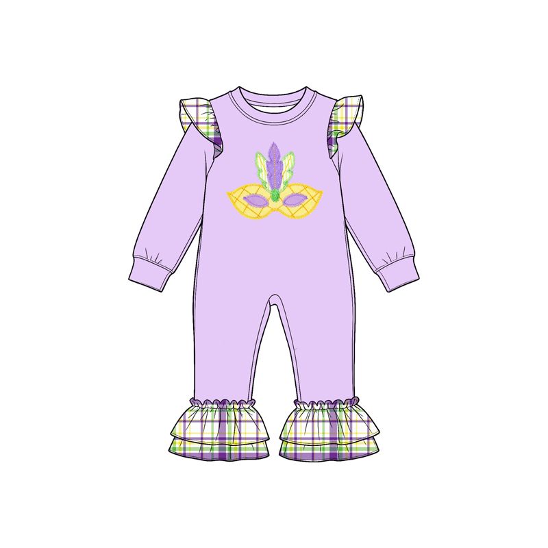 ( Moq 5 ) Preorder Baby Toddler Kids Masks Mardi Gras Plaid Ruffle Romper Purple Clothes