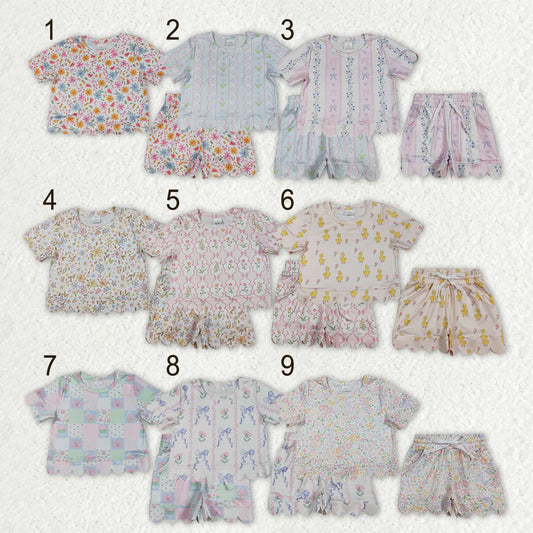 Sibling Baby Girls Kids Short Sleeves Flower Scallop Shirts Shorts Summer Sets Clothes RTS