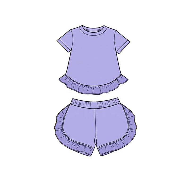( Moq 5 ) Preorder Baby Girl Kids Short Sleeves Purple Ruffle Tops Shorts Cotton Set Summer Clothes