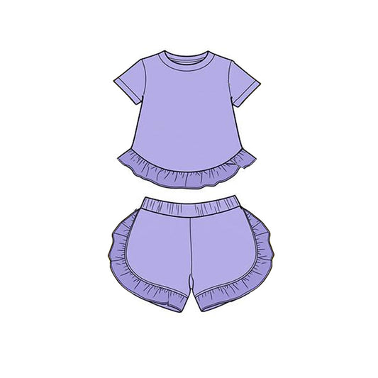 ( Moq 5 ) Preorder Baby Girl Kids Short Sleeves Purple Ruffle Tops Shorts Cotton Set Summer Clothes