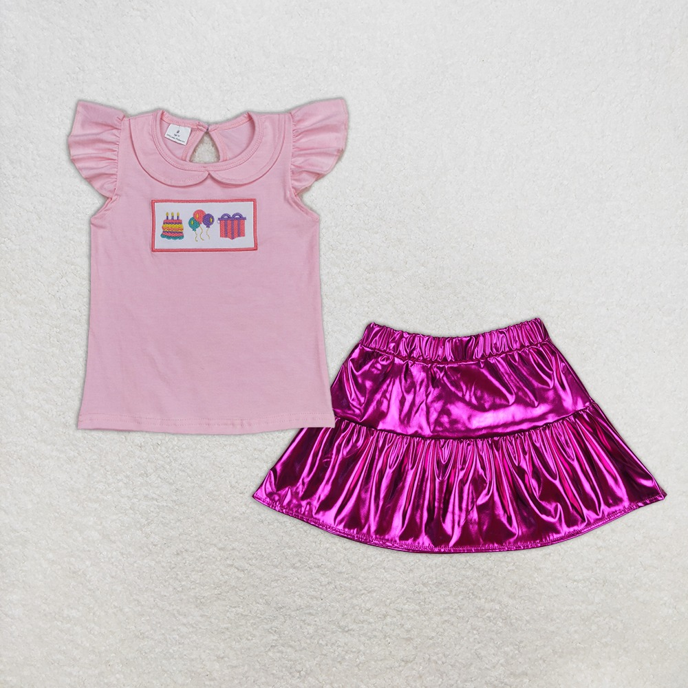 Baby Girl Short Sleeves Embroidery Cakes Shirt Purple Leather Skirt Birthday Set RTS
