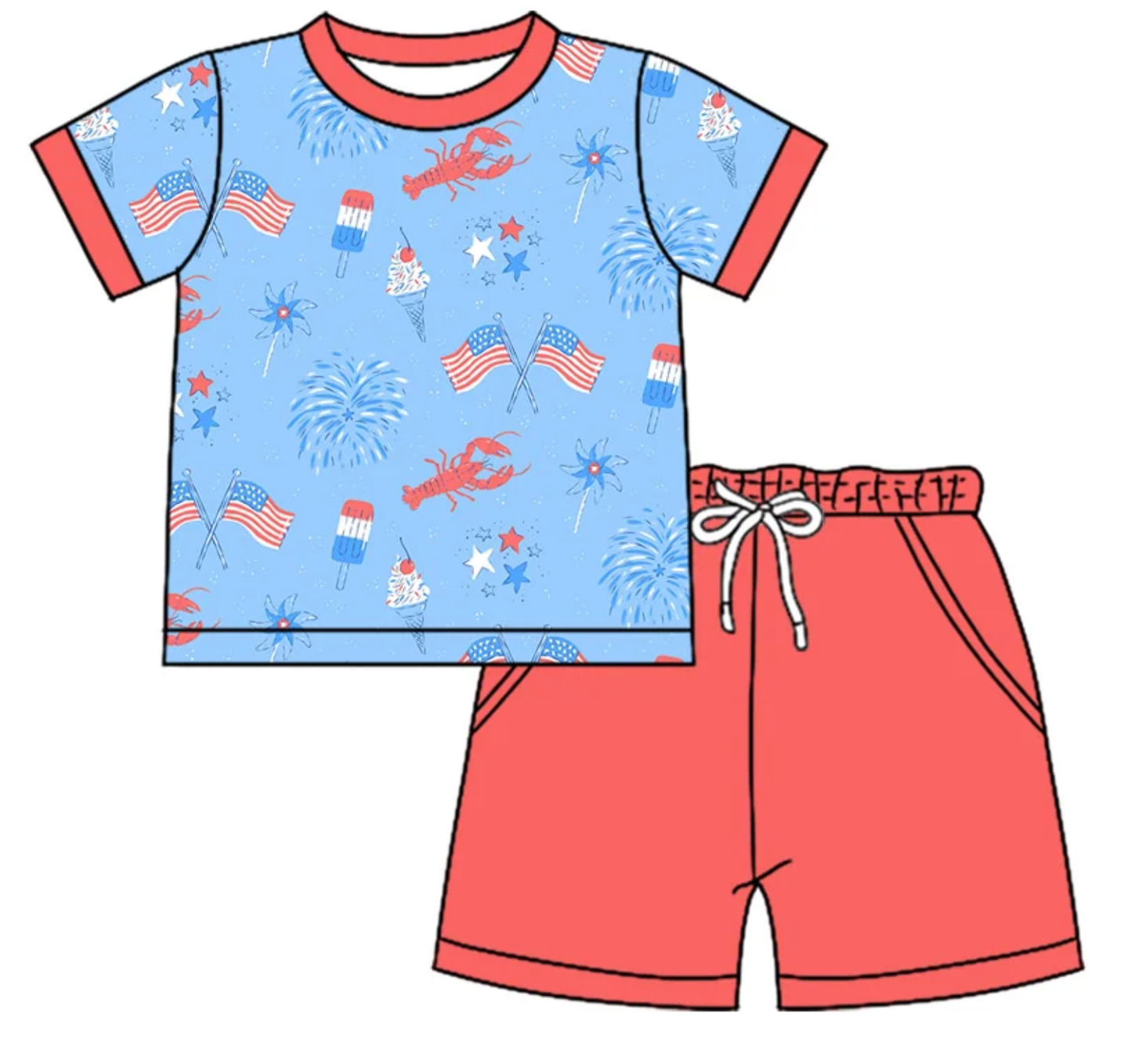 Baby Boy Girl July 4th Flags Crawfish Sibling Dress Romper Clothes Set ( Moq 5 Each style ) 11.27