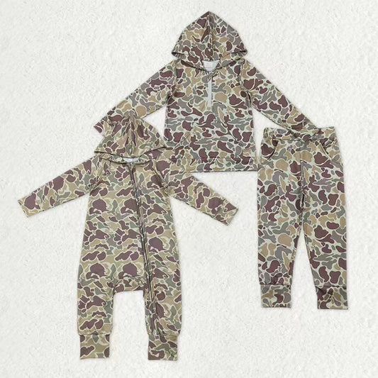 Sibling Boys Boys Kids Long Sleeves Hoodie Zipper Footie Romper Camo Print Set Clothes RTS