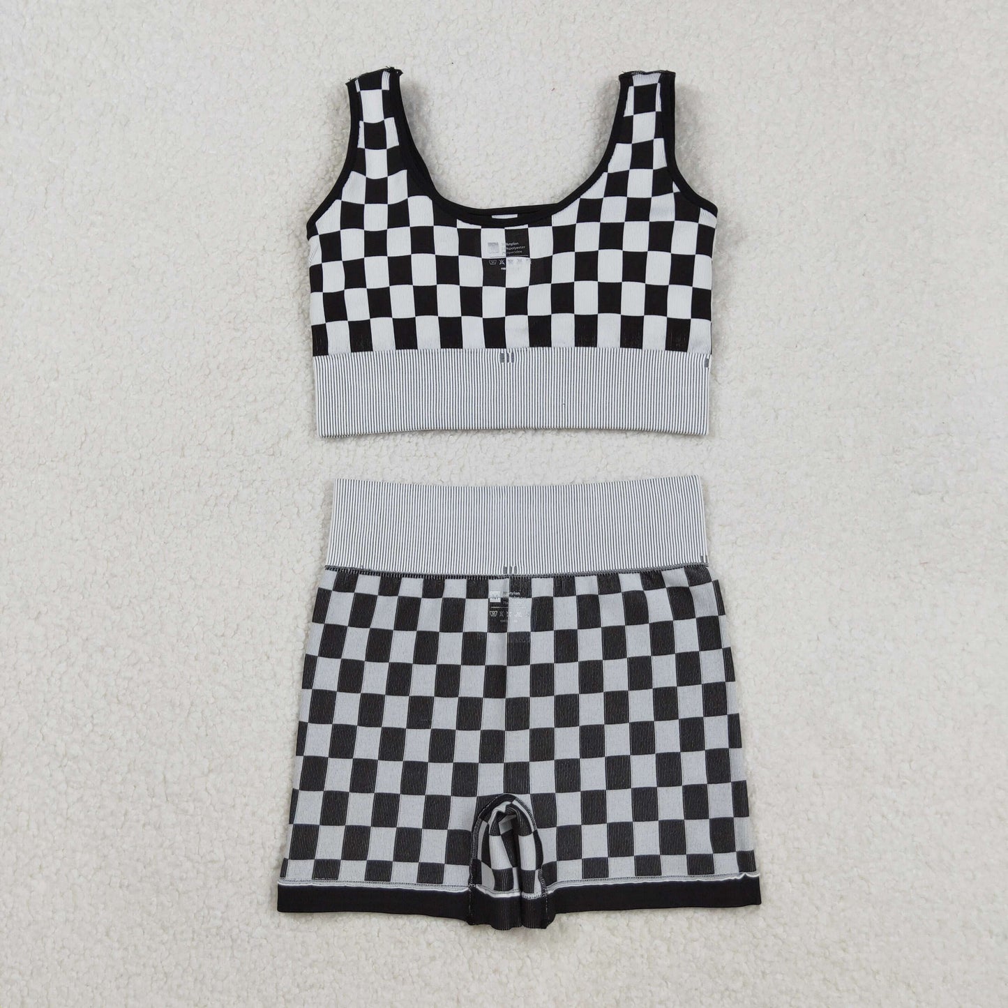 Adult Woman Sleeveless Black Checkered Tank Tops Shorts Knitted Yoga Set RTS