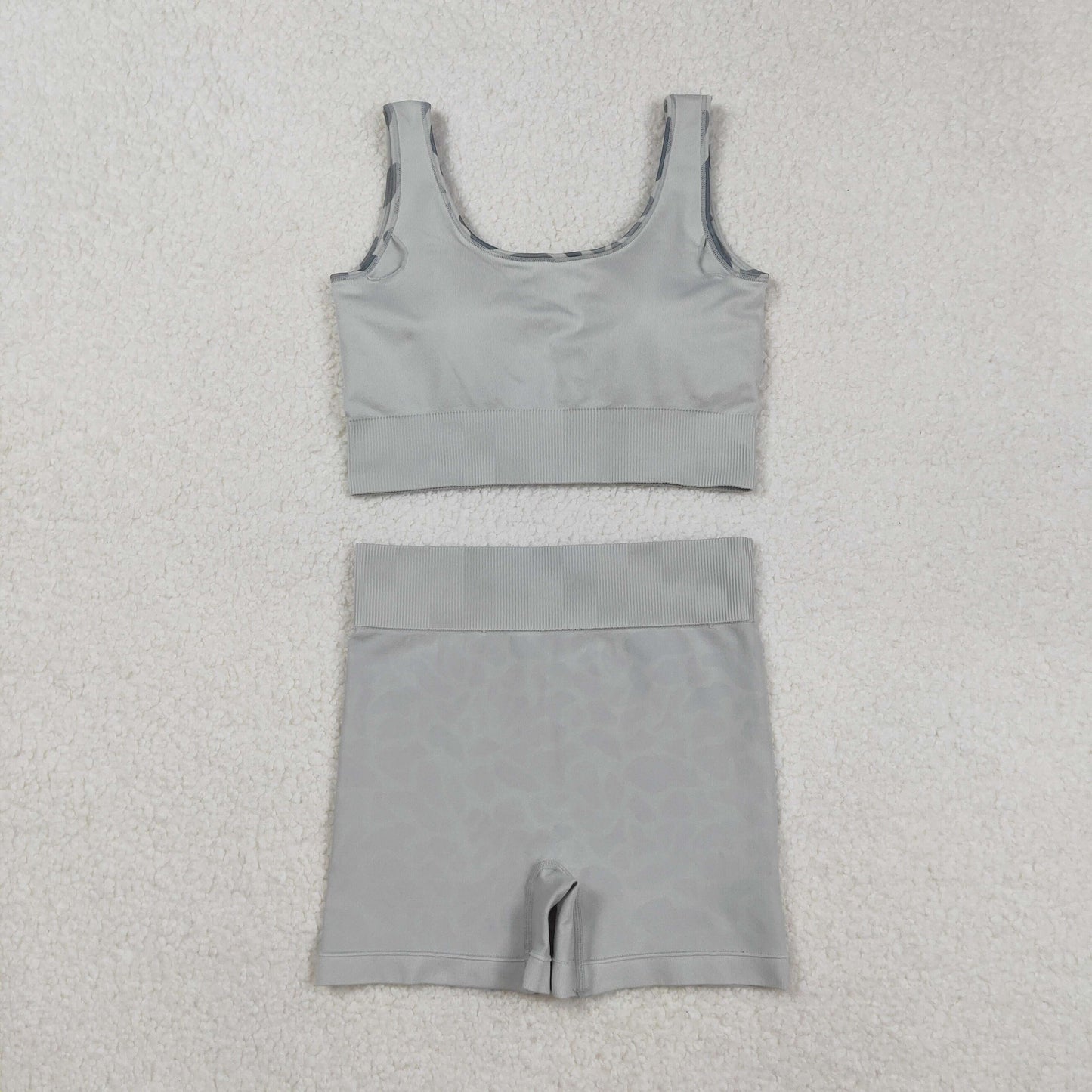 Adult Woman Sleeveless Grey Camo Tank Tops Shorts Knitted Yoga Set RTS