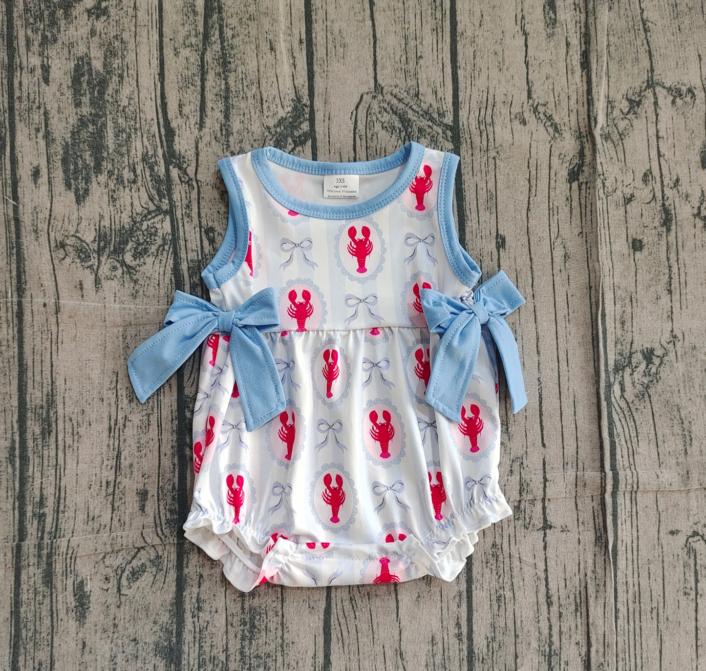 Baby Girls Kids Sleeveless Crawfish Bows Stripes 4th of July Bubble Romper RTS