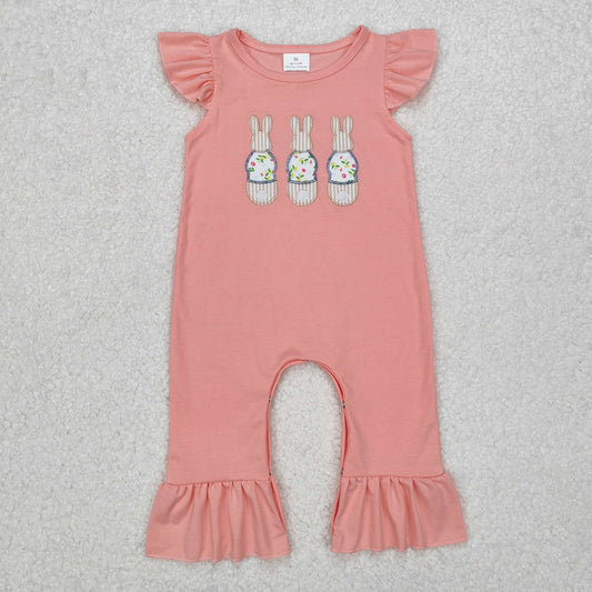 Baby Girl Infant Short Sleeves Embroidery Easter Rabbits Cotton Romper