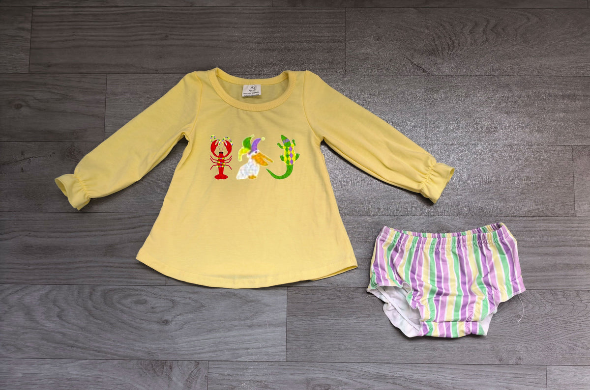 ( No moq ) Preorder Baby Girls Kids Embroidery Animals Tops Stripes Bummie Shorts Mardi Gras Set