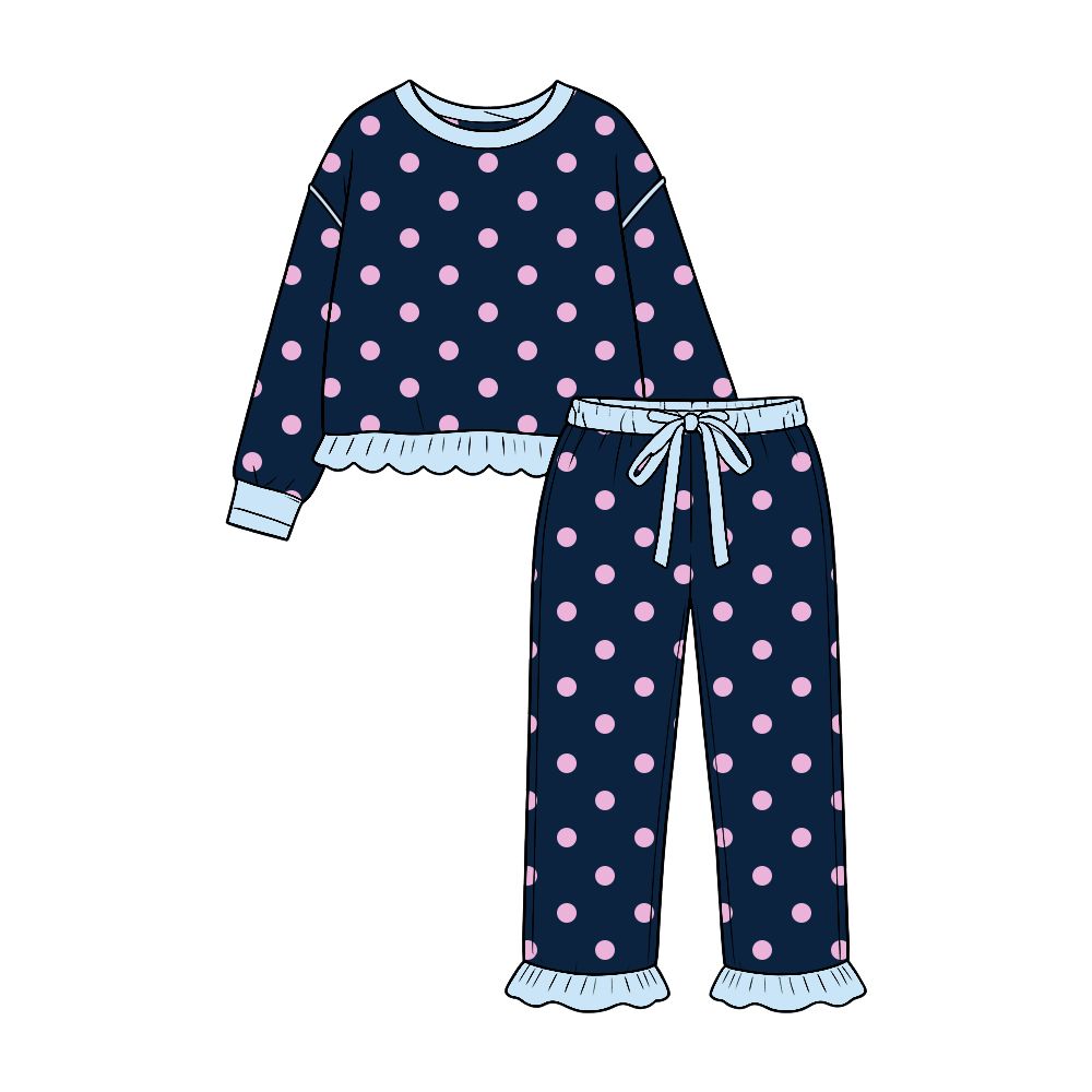 ( Moq 5 ) Preorder Baby Girls Kids Long Sleeves Pink Dots Shirt Ruffle Pants Set Navy Clothes