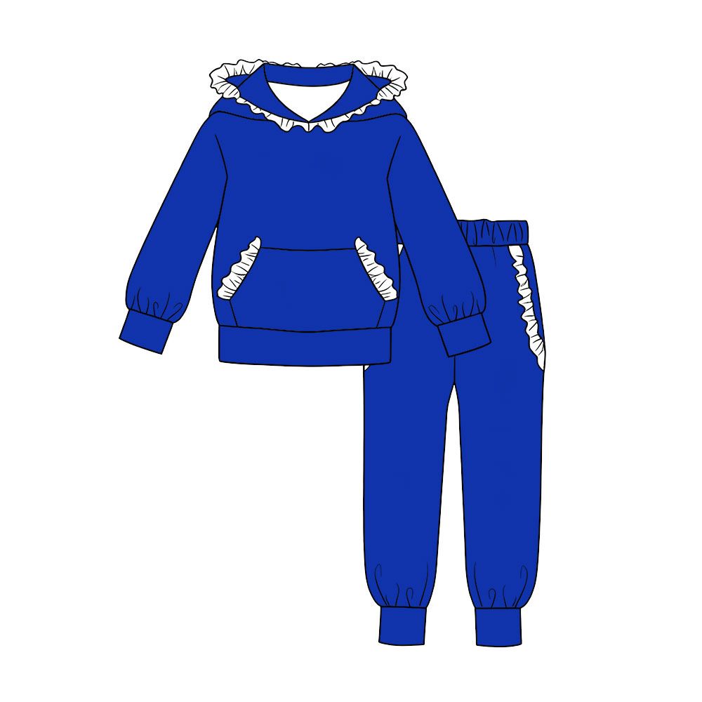 ( Moq 5 ) Preorder Baby Girls Kids White Ruffle Hoodie Pullover Pockets Pants Blue Set Cotton Clothes