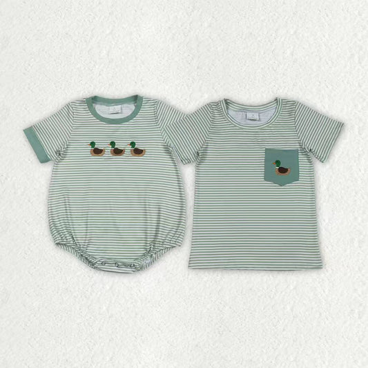 Sibling Baby Boys Kids Short Sleeves Embroidery Duck Pocket Green Stripes Romper Shirt RTS