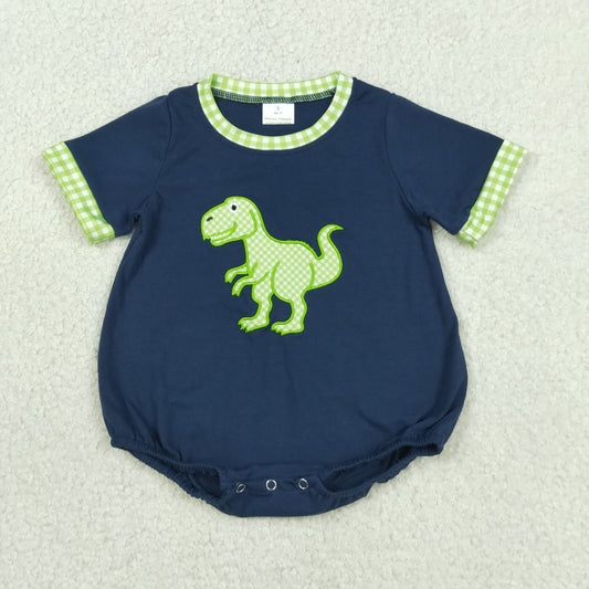 Baby Boys Infant Short Sleeves Embroidery Dinosaur Navy Bubble Romper RTS