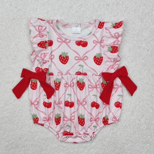 Baby Girl Infant Short Sleeves Strawberry Bows Bubble Romper