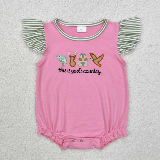 Baby Girl Infant Short Sleeves Embroidery God Country Hunting Bubble Pink Romper