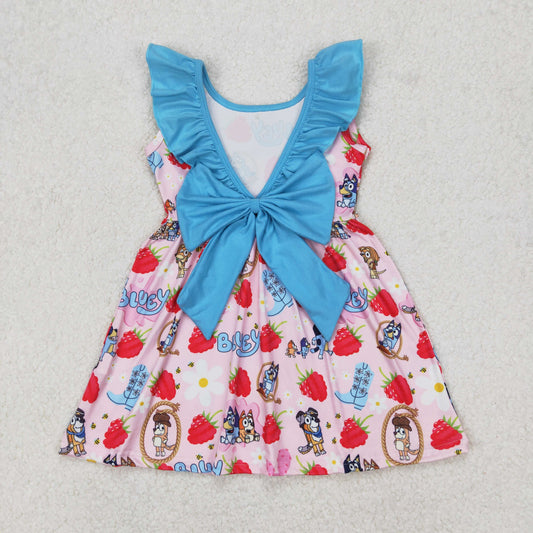 Baby Girl Dogs Strawberry Flower Cactus Blue Bow Knee Length Dress RTS