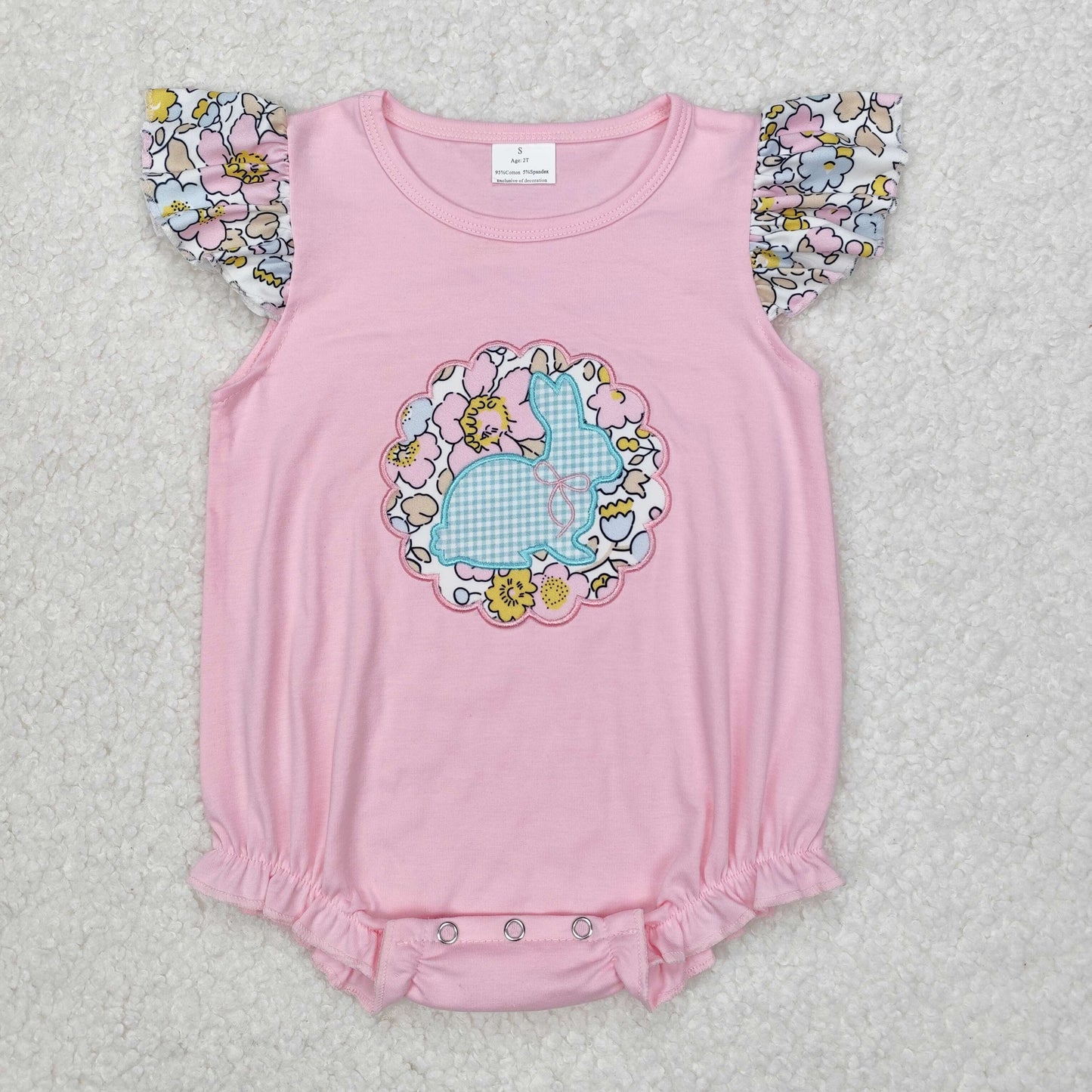 Baby Girl Infant Short Sleeves Embroidery Easter Bunny Floral Pink Romper RTS