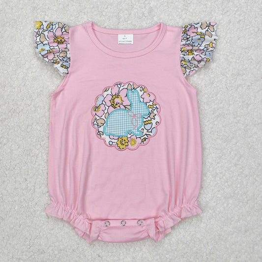 Baby Girl Infant Short Sleeves Embroidery Easter Bunny Floral Pink Romper RTS