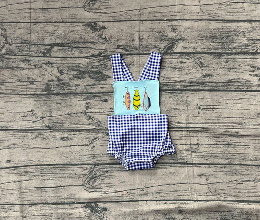 ( No moq ) Preorder Baby Boys Straps Embroidery Fishing Blue Plaid Bubble Romper