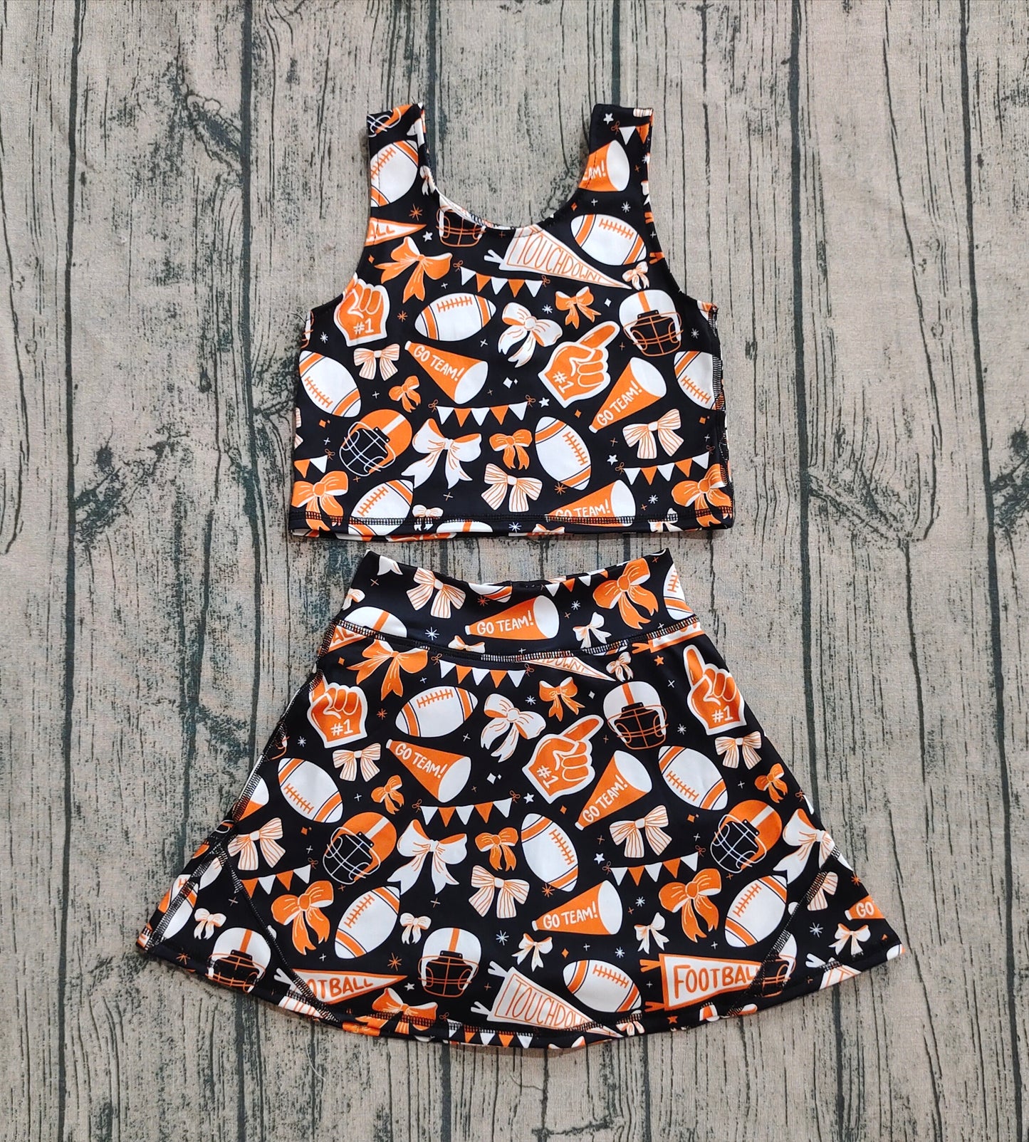 Baby Girl Shot Sleeves Orange Football Bows Cheer Tops Skort Team Yoga Active Set RTS
