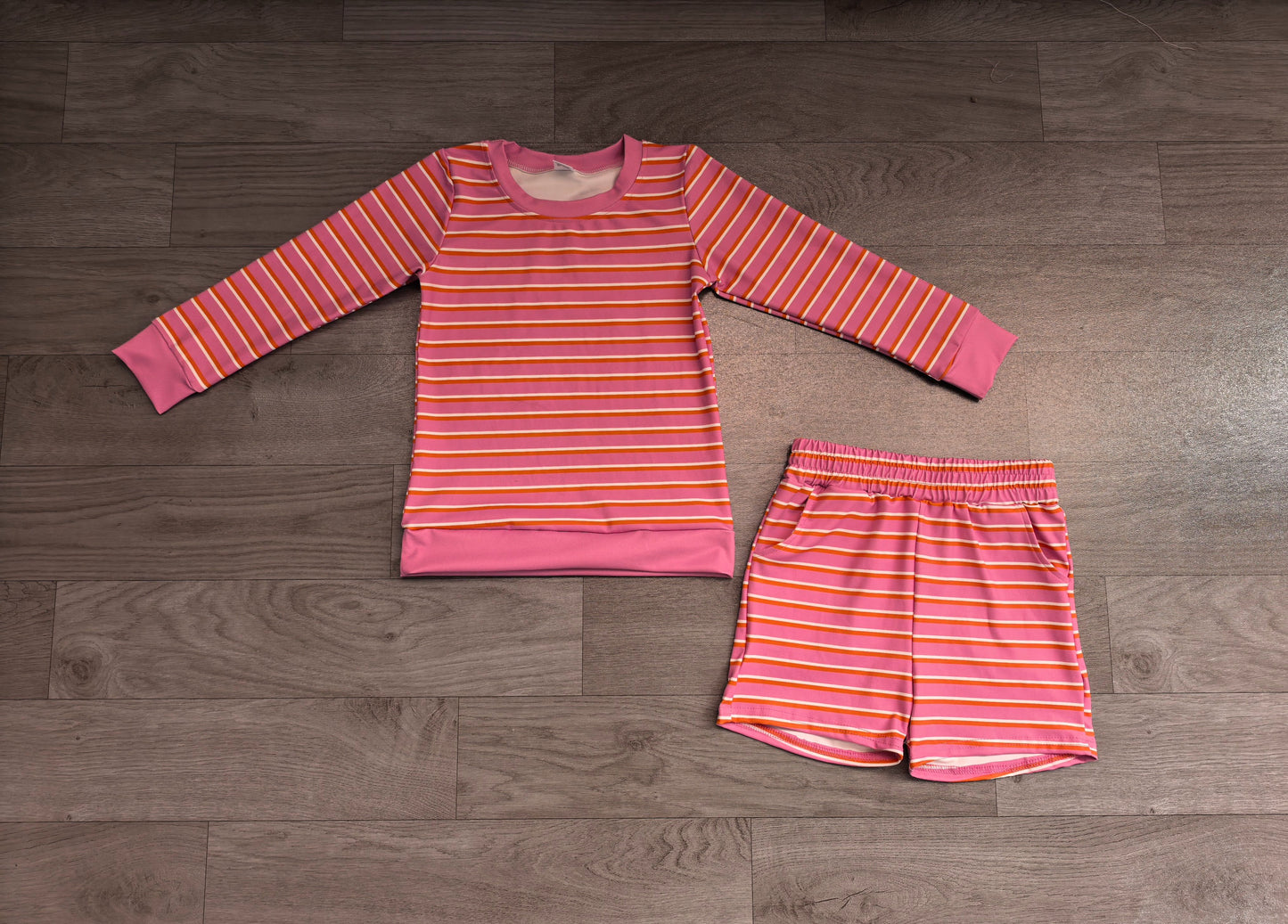 ( No moq ) Preorder Baby Girls Kids Long Sleeves Pink Stripes Shirt Shorts Set Yoga Active Clothes