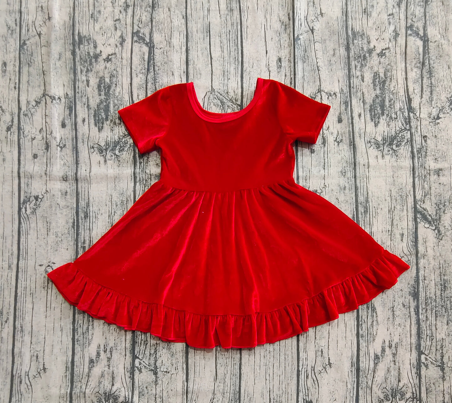 Baby Girl Short Sleeves Red Velvet Ruffle Knee Length Dress RTS
