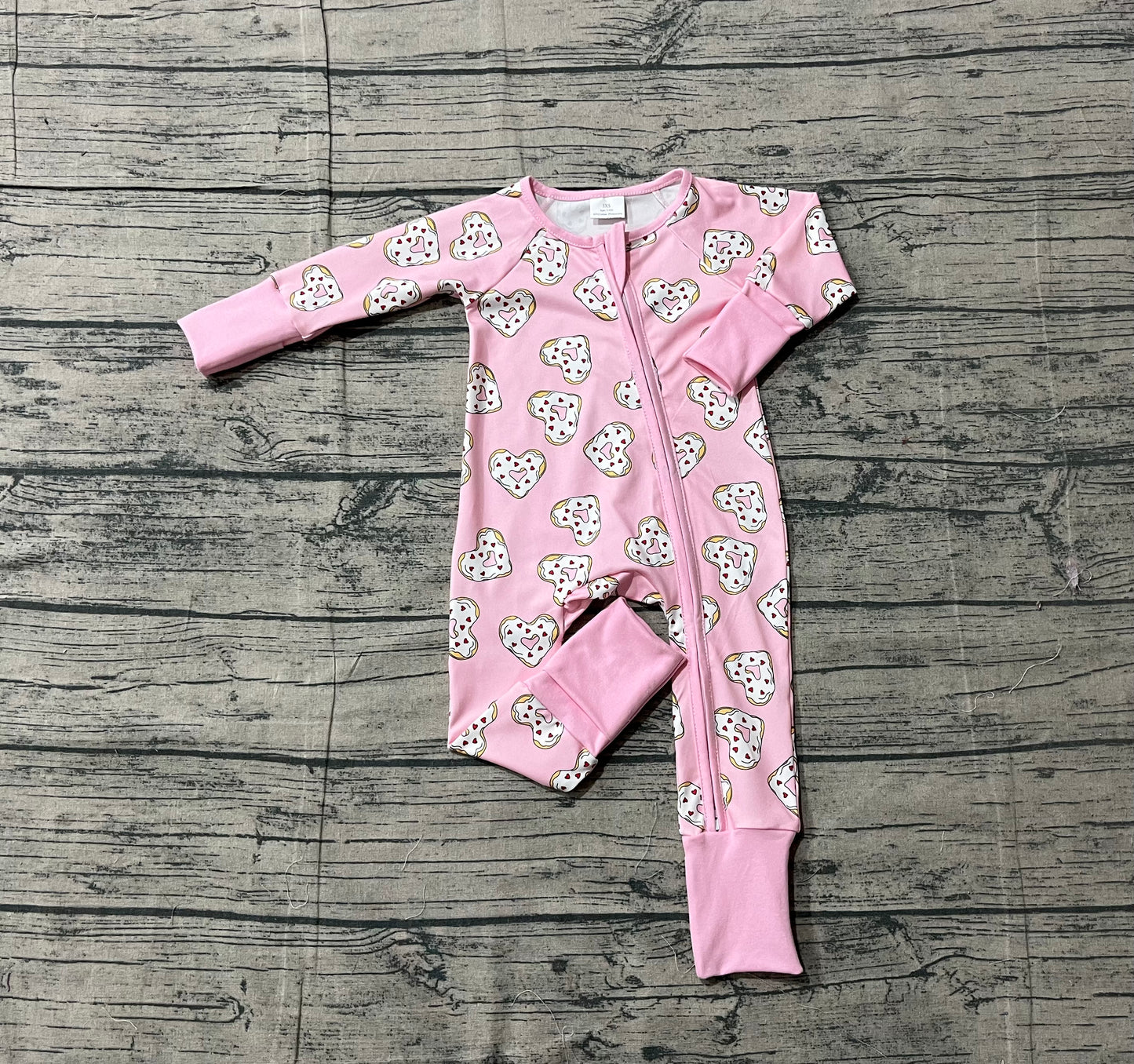 Baby Girls Long Sleeves Donuts Hearts Pink Zipper Valentines Sleeper Romper RTS
