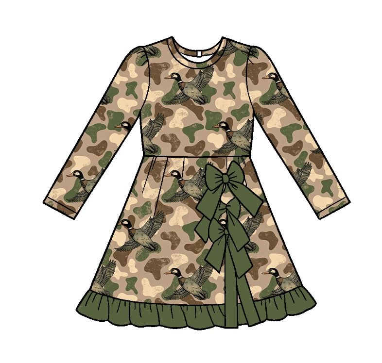 ( Moq 5 ) Preorder Baby Girls Kids Long Sleeves Shorts Bows Scallop Dress Yoga Ducks Camo Clothes