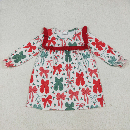 Baby Girl Long Sleeves Red Green Bows Knee Length Christmas Dress RTS