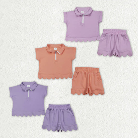 Sibling Baby Girls Kids Short Sleeves Zipper Shirts Scallop Shorts Cotton Sets Clothes RTS