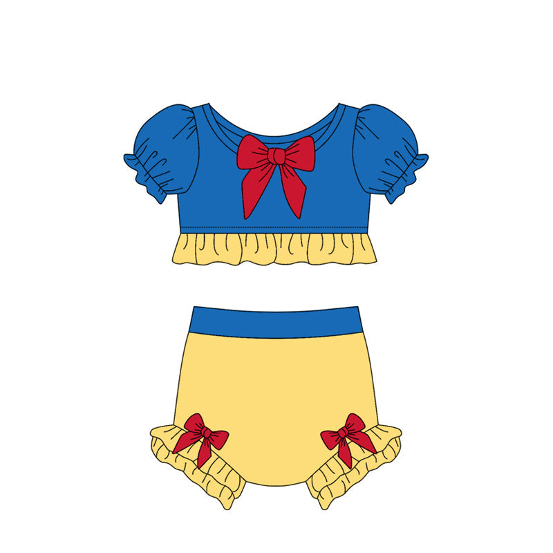 Baby Girl Short Sleeves Princess Bows Yellow Blue Tops Shorts Swimsuit Bathing Suit ( Moq 5 )