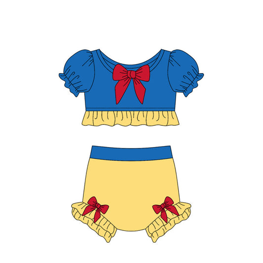 Baby Girl Short Sleeves Princess Bows Yellow Blue Tops Shorts Swimsuit Bathing Suit ( Moq 5 )