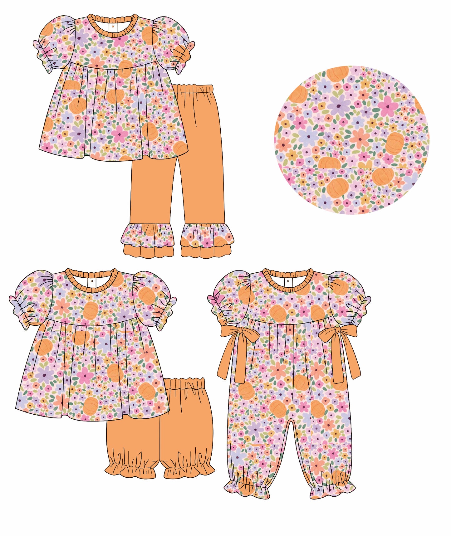 ( Moq 5 Each Style ) Baby Girls Kids Short Sleeves Pumpkins Flower Sibling Rompers Sets Clothes