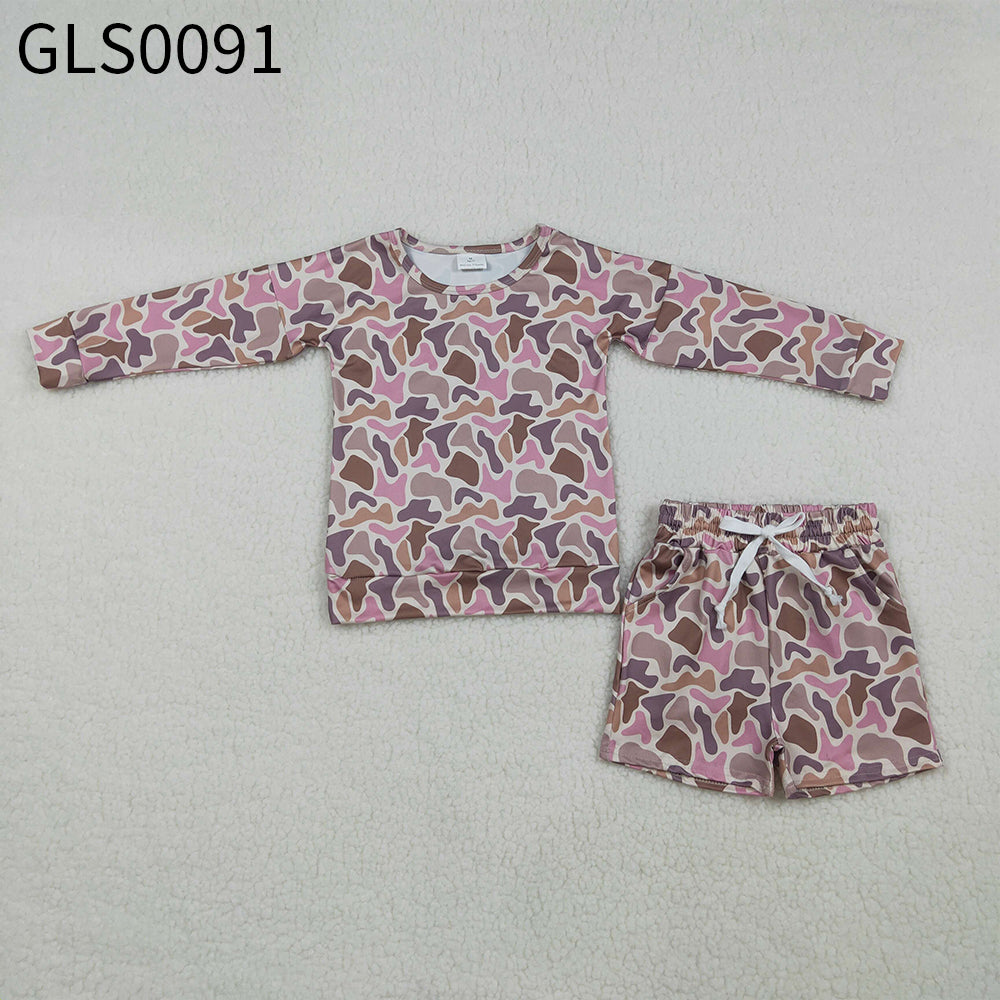 Baby Girl Kids Long Sleeves Camo Print Tops Pockets Shorts Clothes Set RTS