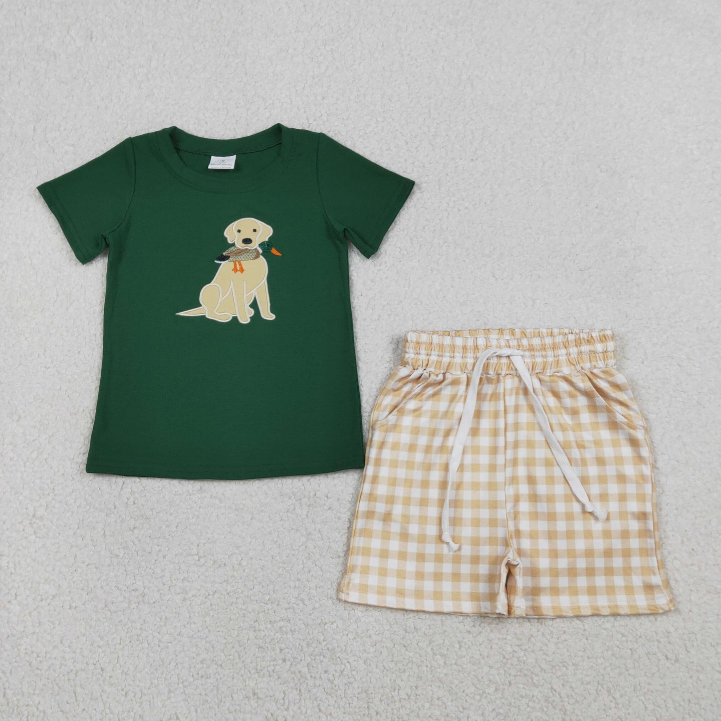 Baby Boys Short Sleeves Embroidery Dog Duck Shirt Plaid Pockets Shorts Hunting Set RTS