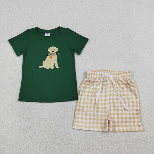 Baby Boys Short Sleeves Embroidery Dog Duck Shirt Plaid Pockets Shorts Hunting Set RTS