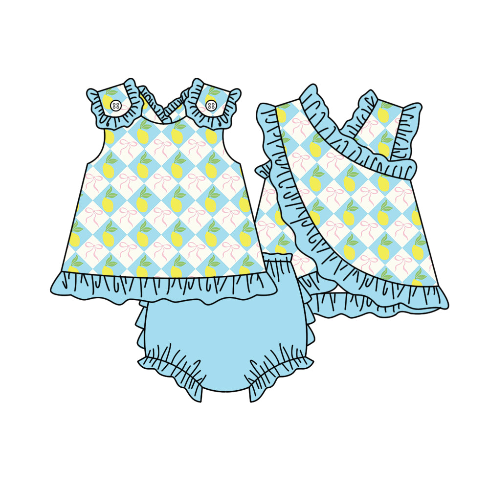 ( Moq 5 ) Preorder Baby Girl Kids Sleeveless Lemon Bows Tops Blue Ruffle Bummie Shorts Set Clothes