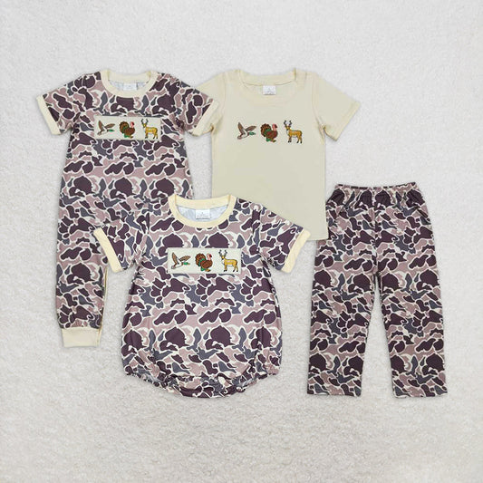 Baby Boy Short Sleeves Embroidery Ducks Deer Camo Sibling Hunting Romper Set RTS