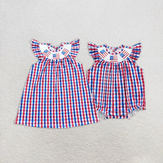 Baby Girl Embroidery Flags 4th Of July Checked Sibling Smocked Romper Dress RTS