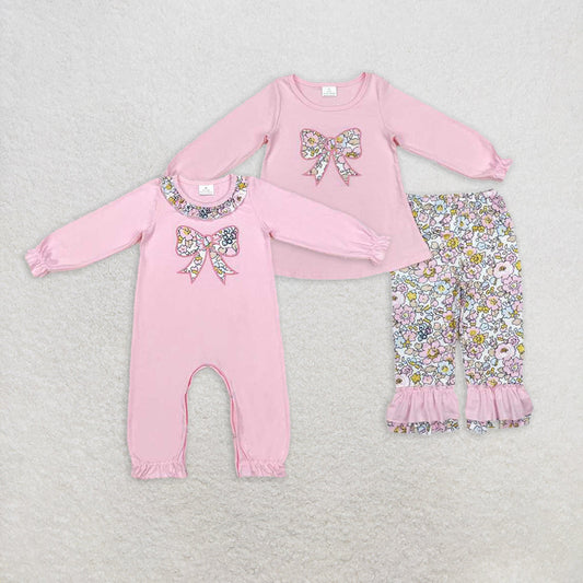 Baby Girl Long Sleeves Embroidery Floral Bows Pink Sibling ROmper Set RTS