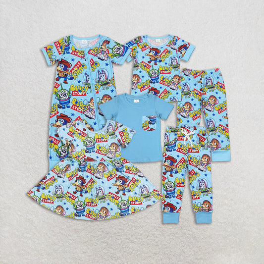 Baby Boy Girl Short Sleeves Dogs Blue Sibling Romper Dress Set RTS
