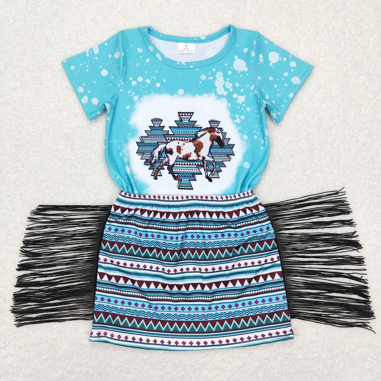 GSD0607 Baby Girl Short Sleeves Horse Shirt Tassel Skirt Western Set