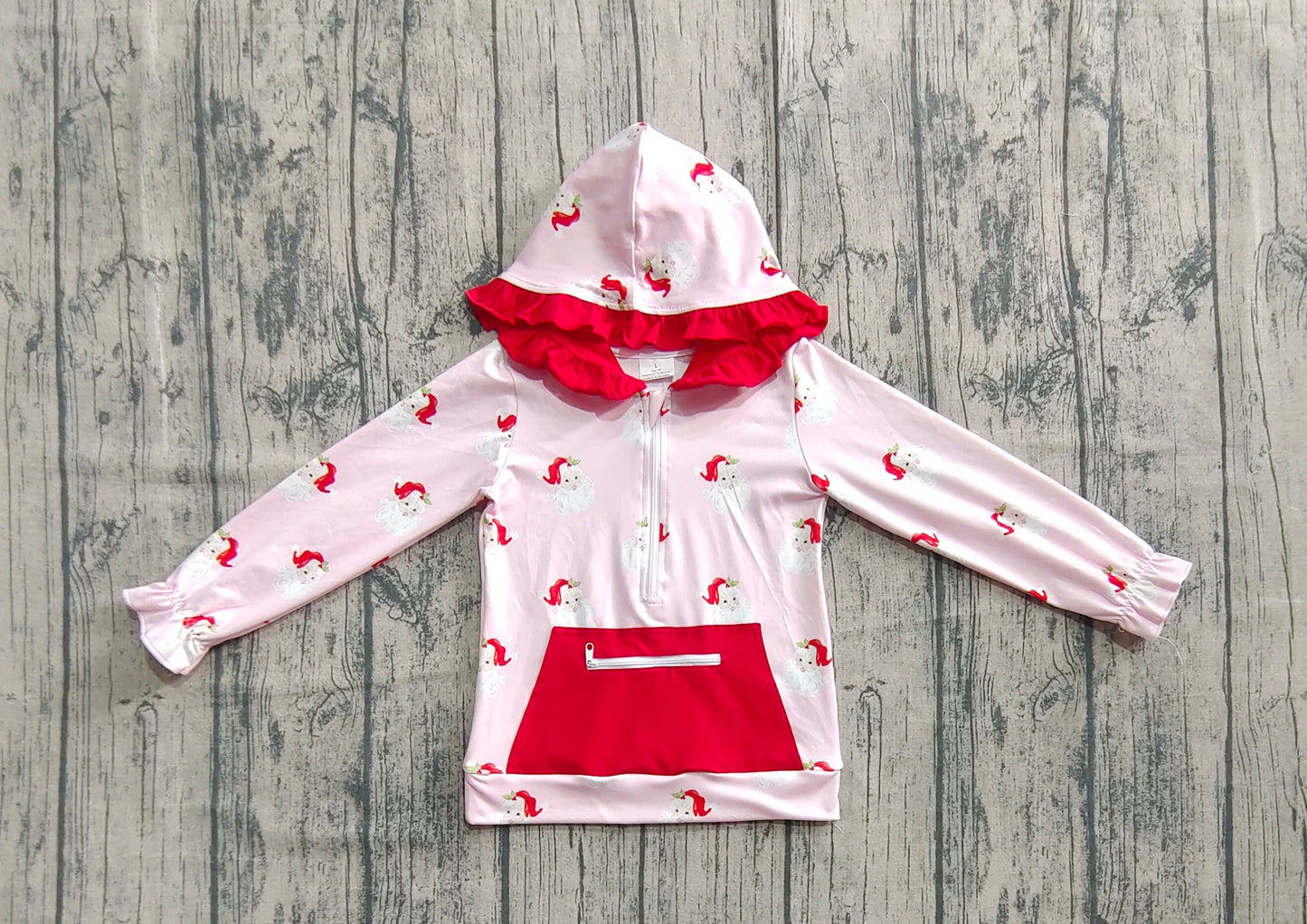 Baby Girl Pink Long Sleeves Santa Pocket Zipper Hoodies Christmas Shirt Tops RTS