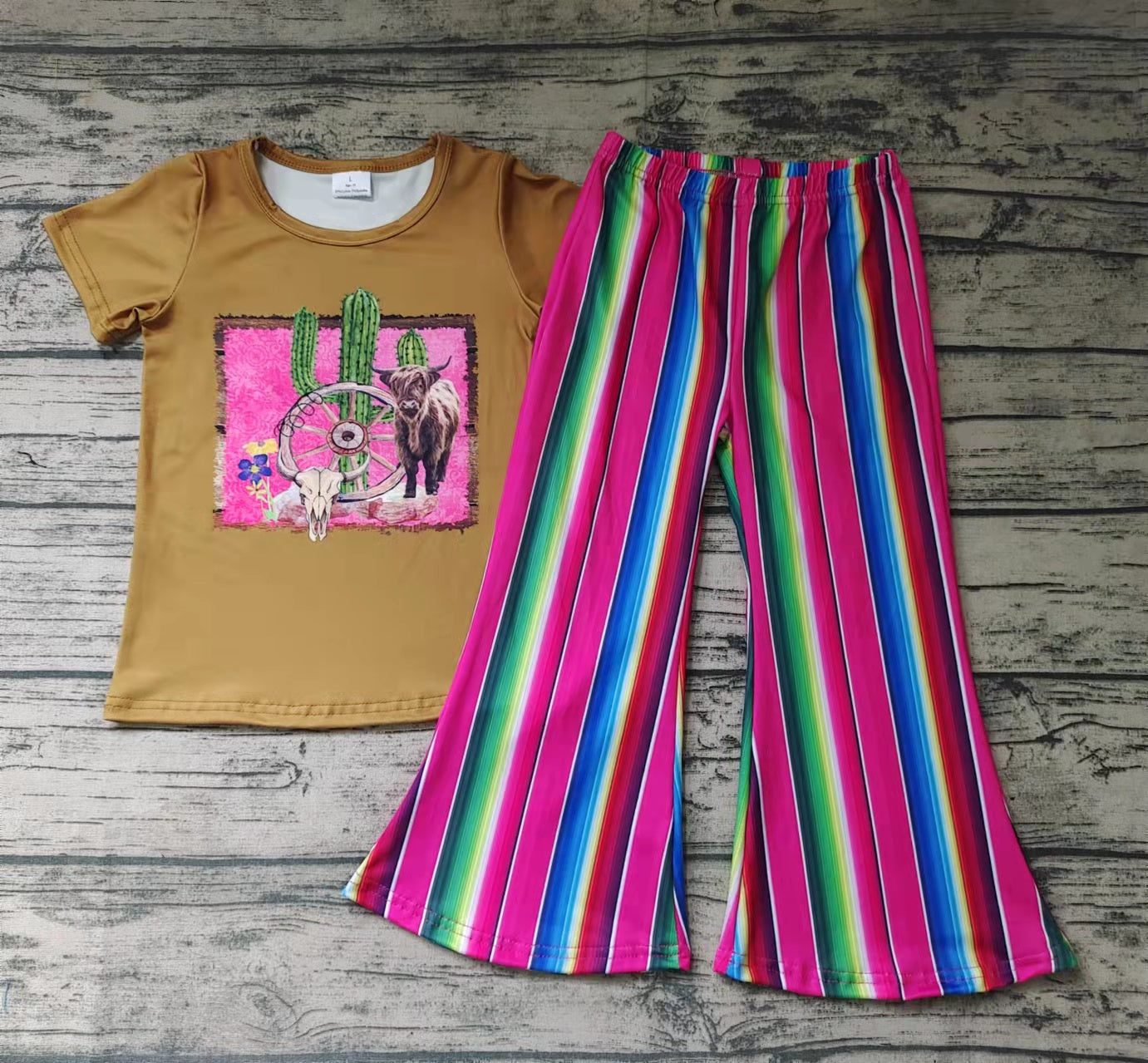 Promotion Baby Girl Cow Cactus Shirt Stripes Bell Pants Set