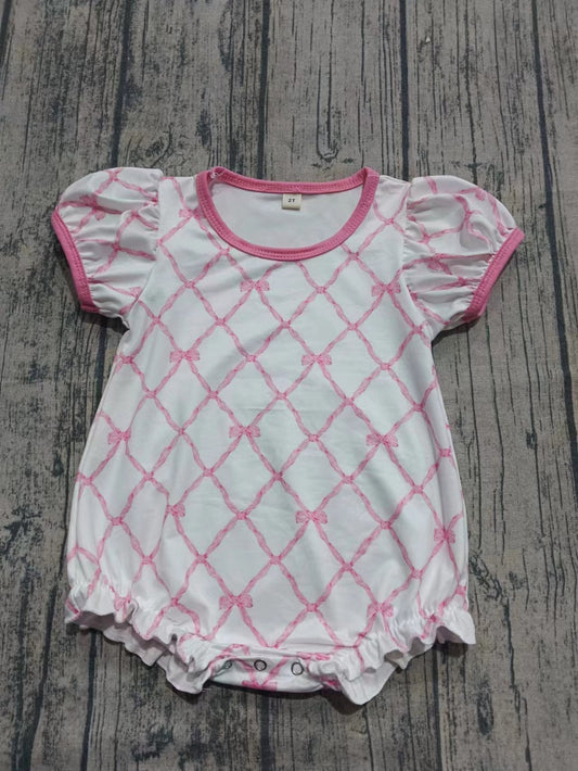 ( Moq 5 ) Girls Kids Short Sleeves Pink Bows Bubble Romper